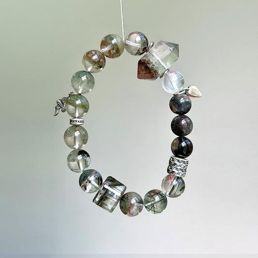 Green Phantom Quartz & Green Rutilated Quartz Healing Bracelet | Skeleton Quartz & Clear Quartz Crystal Bracelet