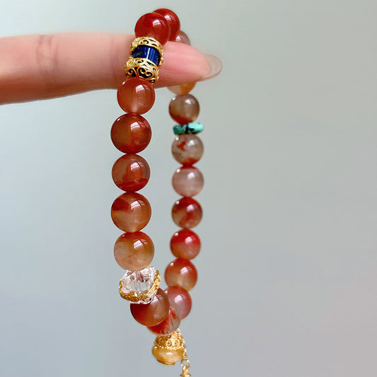 Natural Nanhong Agate & Turquoise Bracelet | Buddhist Healing Crystal Bracelet for Protection, Peace & Prosperity