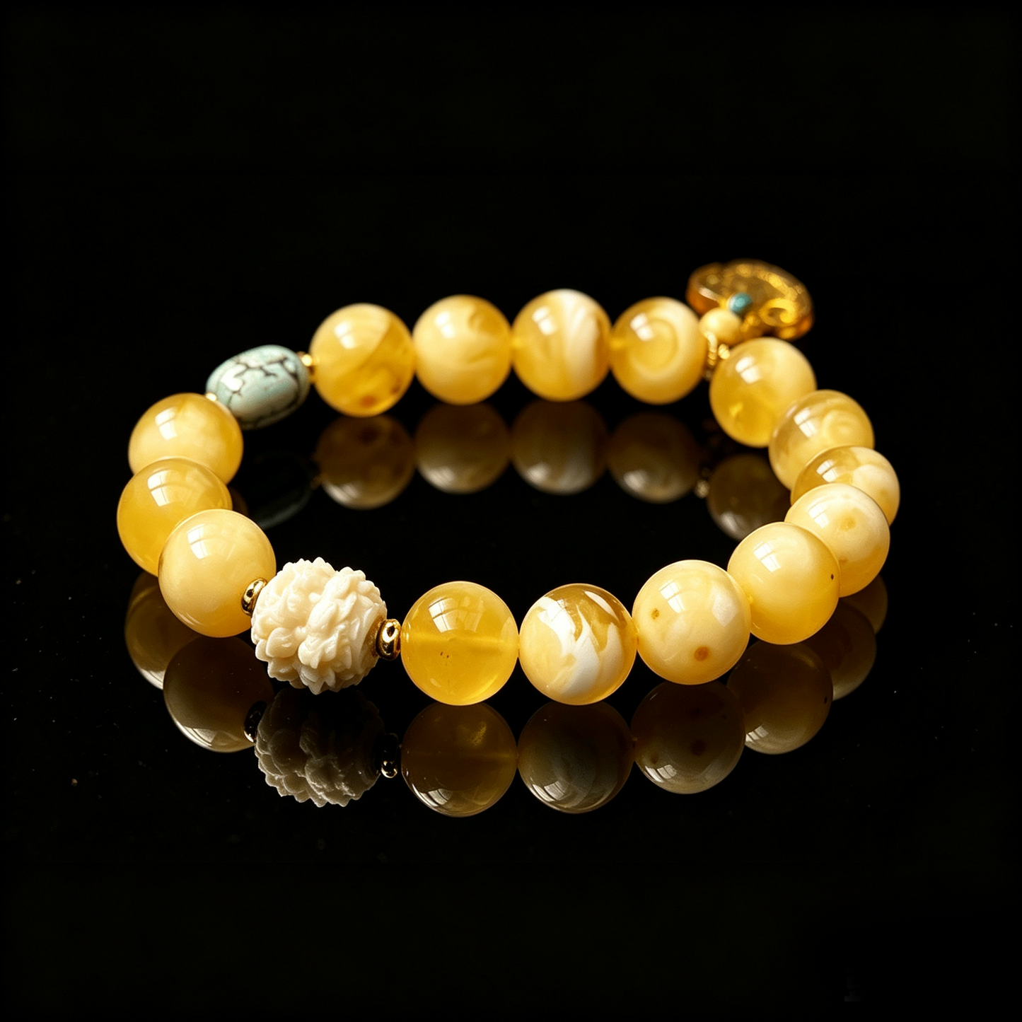 Golden White Lotus Amber & Turquoise Bracelet
