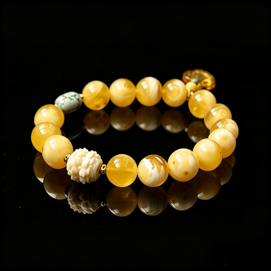 Golden White Lotus Amber & Turquoise Bracelet