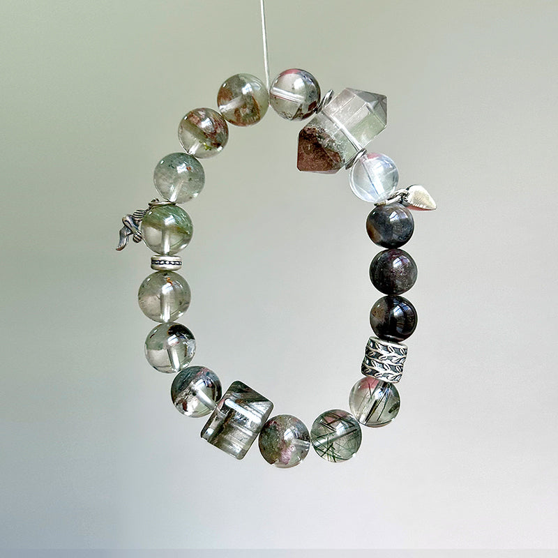 Green Phantom Quartz & Green Rutilated Quartz Healing Bracelet | Skeleton Quartz & Clear Quartz Crystal Bracelet