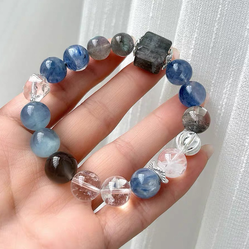 Aquamarine & Kyanite Bracelet | Natural Crystal Bracelet with Moonstone & Smoky Quartz