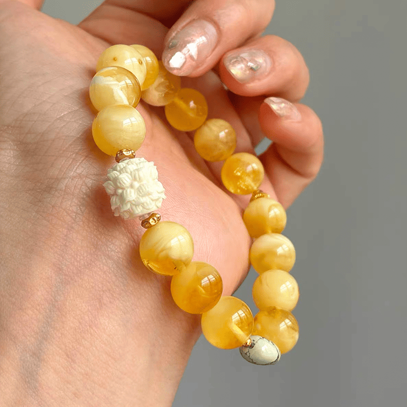 Golden White Lotus Amber & Turquoise Bracelet