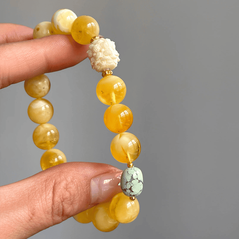 Golden White Lotus Amber & Turquoise Bracelet