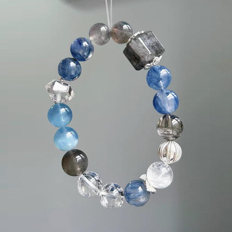 Aquamarine & Kyanite Bracelet | Natural Crystal Bracelet with Moonstone & Smoky Quartz
