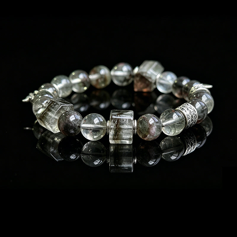 Green Phantom Quartz & Green Rutilated Quartz Healing Bracelet | Skeleton Quartz & Clear Quartz Crystal Bracelet