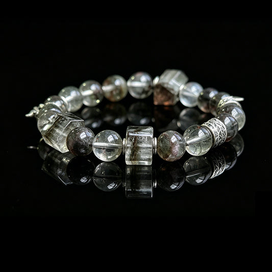 Green Phantom Quartz & Green Rutilated Quartz Healing Bracelet | Skeleton Quartz & Clear Quartz Crystal Bracelet