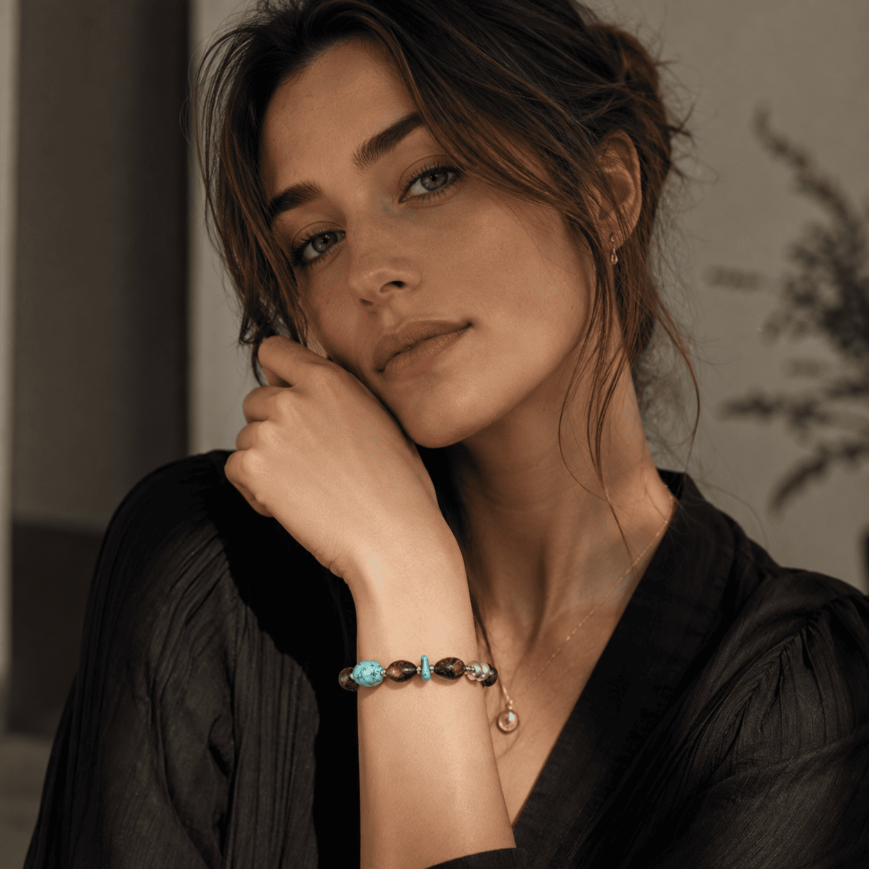 Earth Tide Agarwood & Turquoise 925 Silver Bracelet