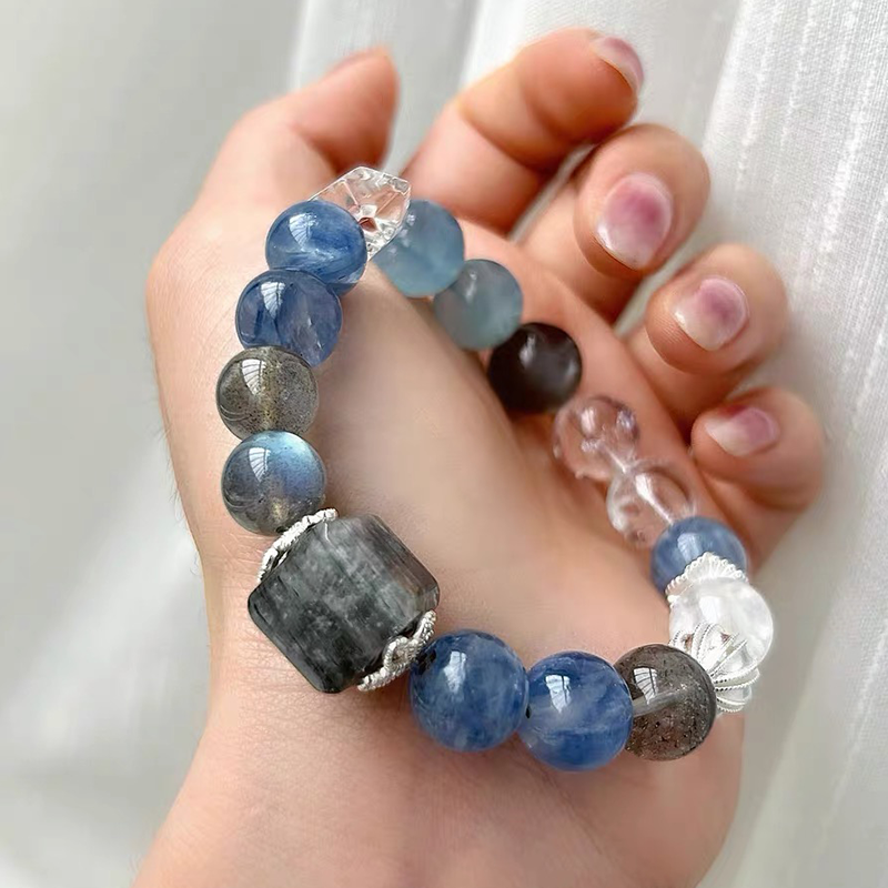 Aquamarine & Kyanite Bracelet | Natural Crystal Bracelet with Moonstone & Smoky Quartz