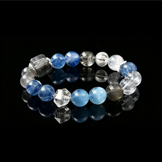 Aquamarine & Kyanite Bracelet | Natural Crystal Bracelet with Moonstone & Smoky Quartz