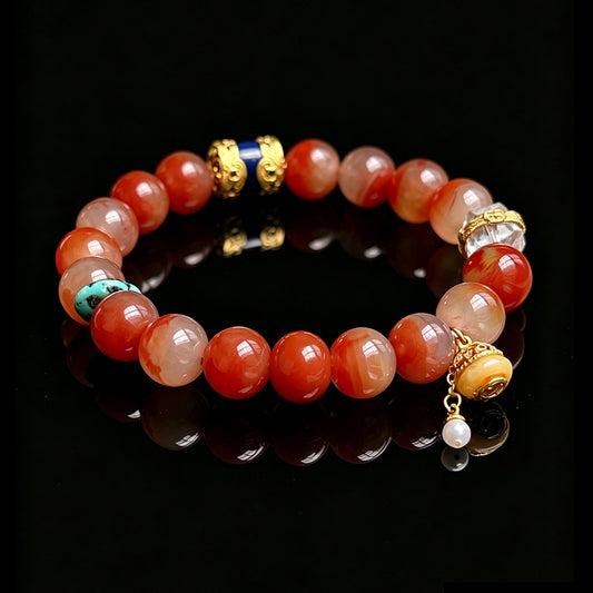 Natural Nanhong Agate & Turquoise Bracelet | Buddhist Healing Crystal Bracelet for Protection, Peace & Prosperity