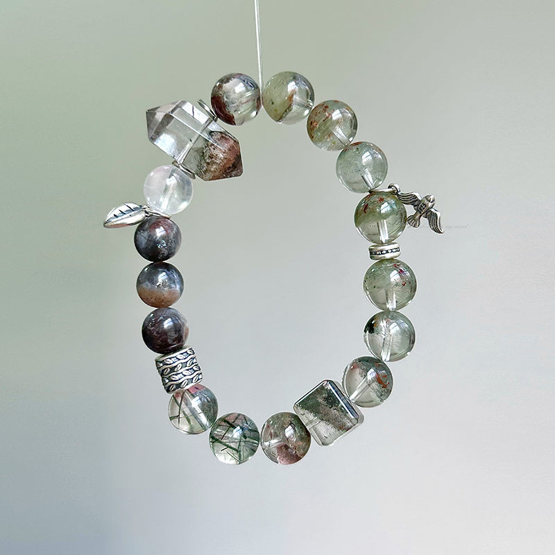 Green Phantom Quartz & Green Rutilated Quartz Healing Bracelet | Skeleton Quartz & Clear Quartz Crystal Bracelet